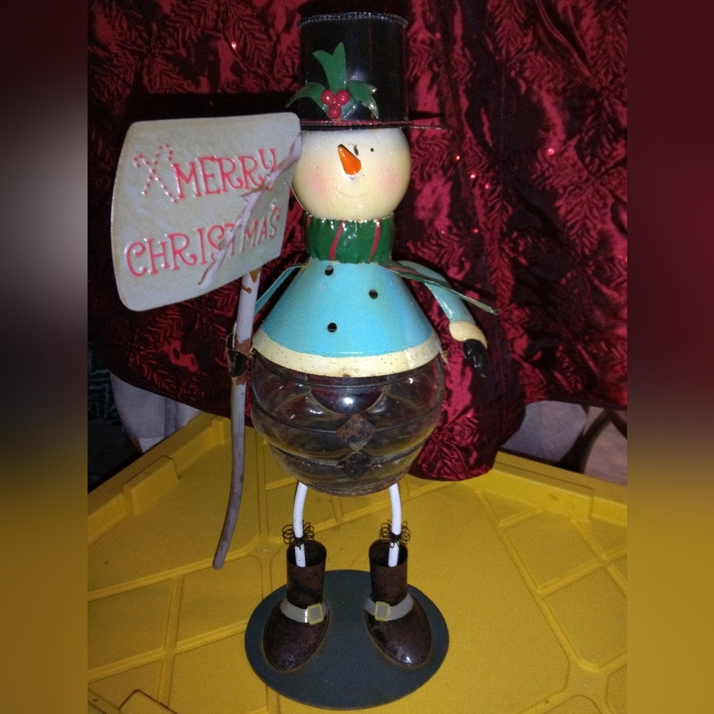 Vintage Snowman Tea Light Candle Holder Metal /Glass